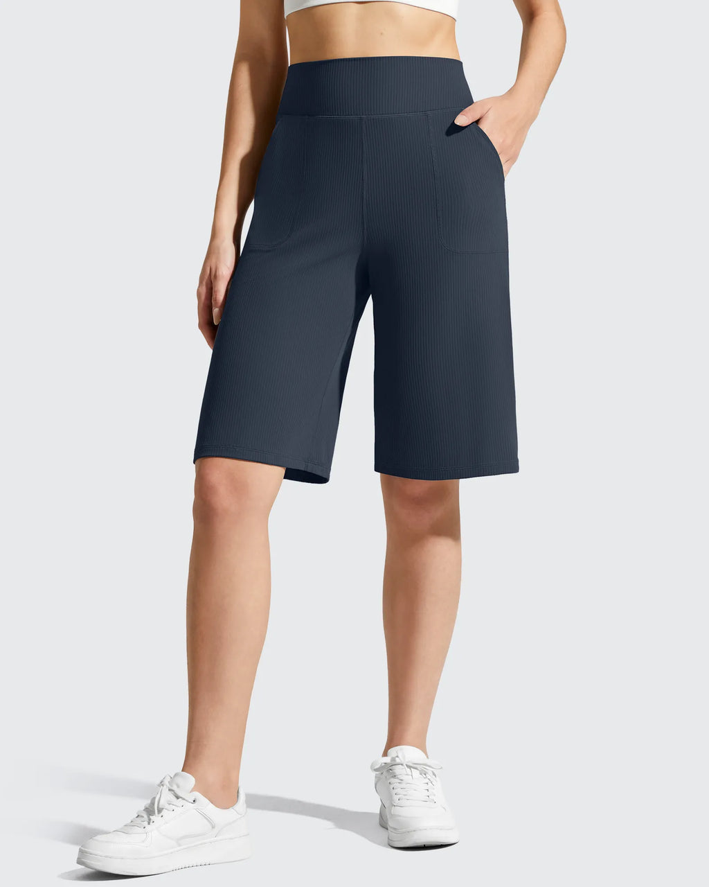 Ribbed Bermuda High-Waist Knee Length Shorts 11''