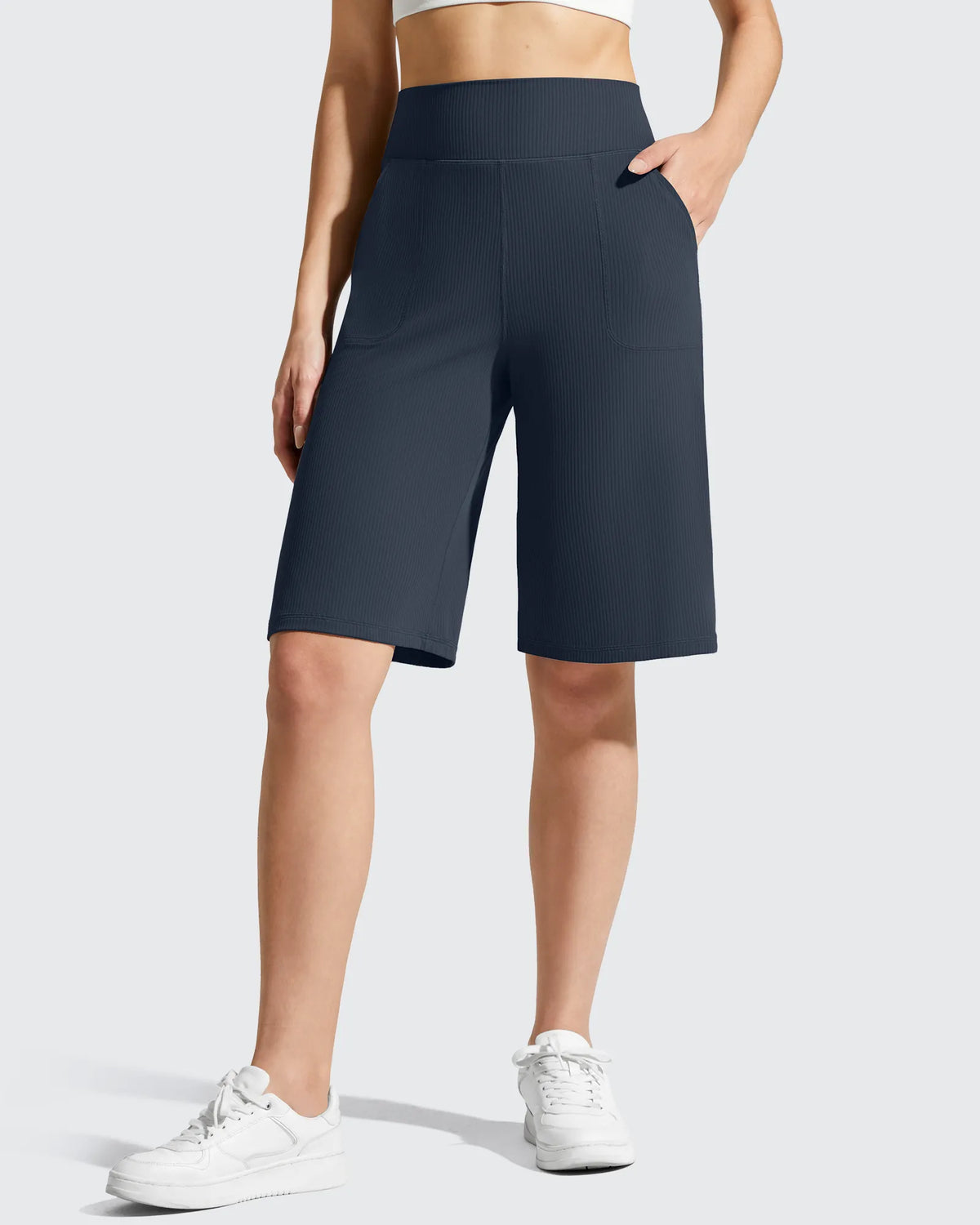 Ribbed Bermuda High-Waist Knee Length Shorts 11''