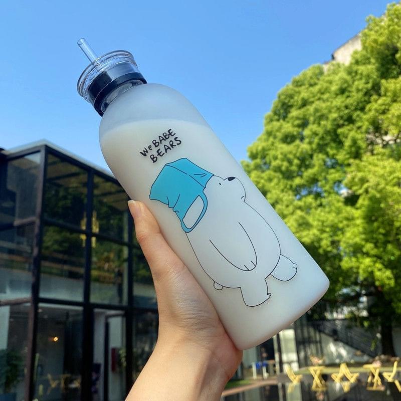 'We Bare Bears' Frosted Plastic Water Bottle with Straw
