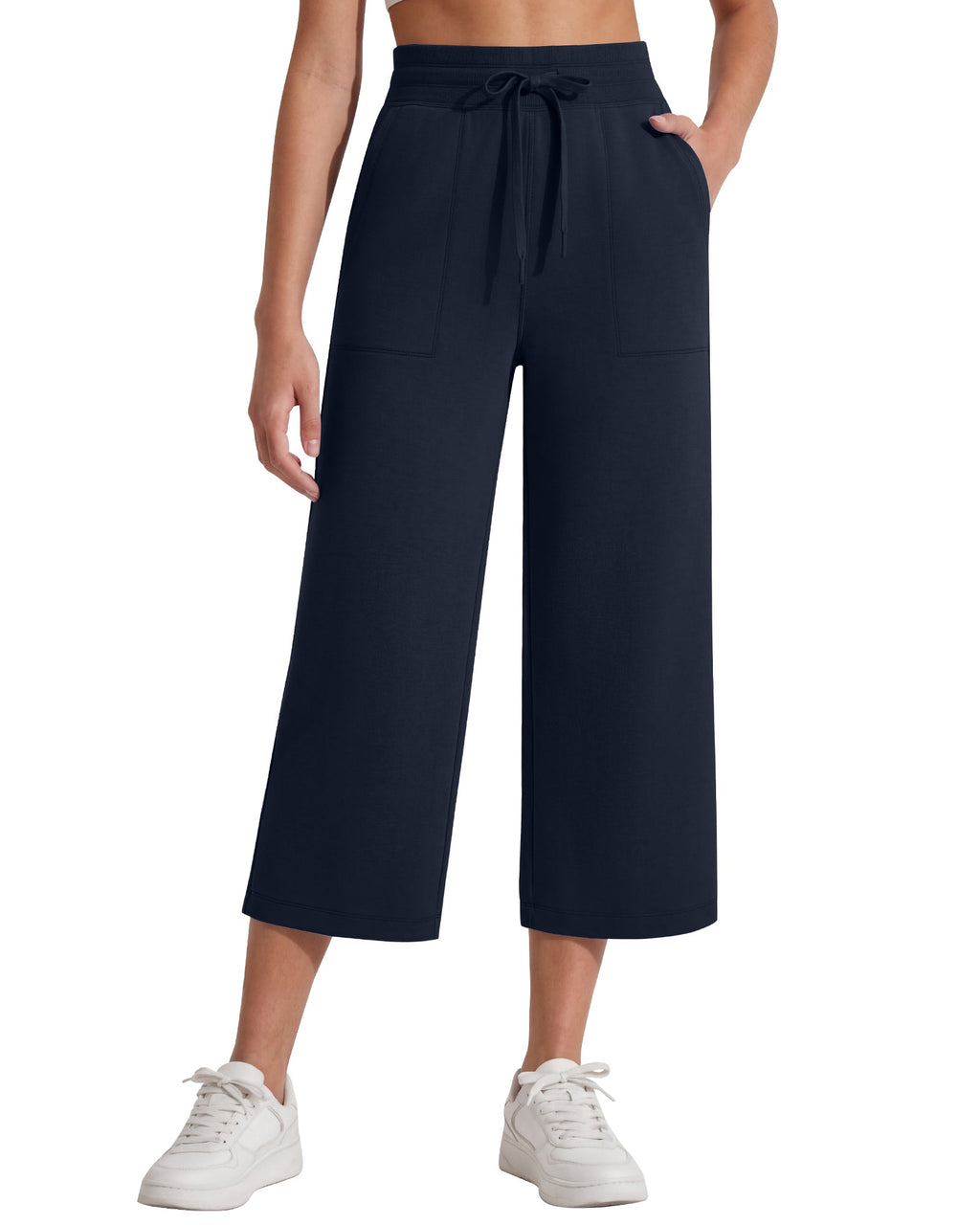 G4Free Smoofit High Waisted Drawstring Wide Leg Capris with Pockets