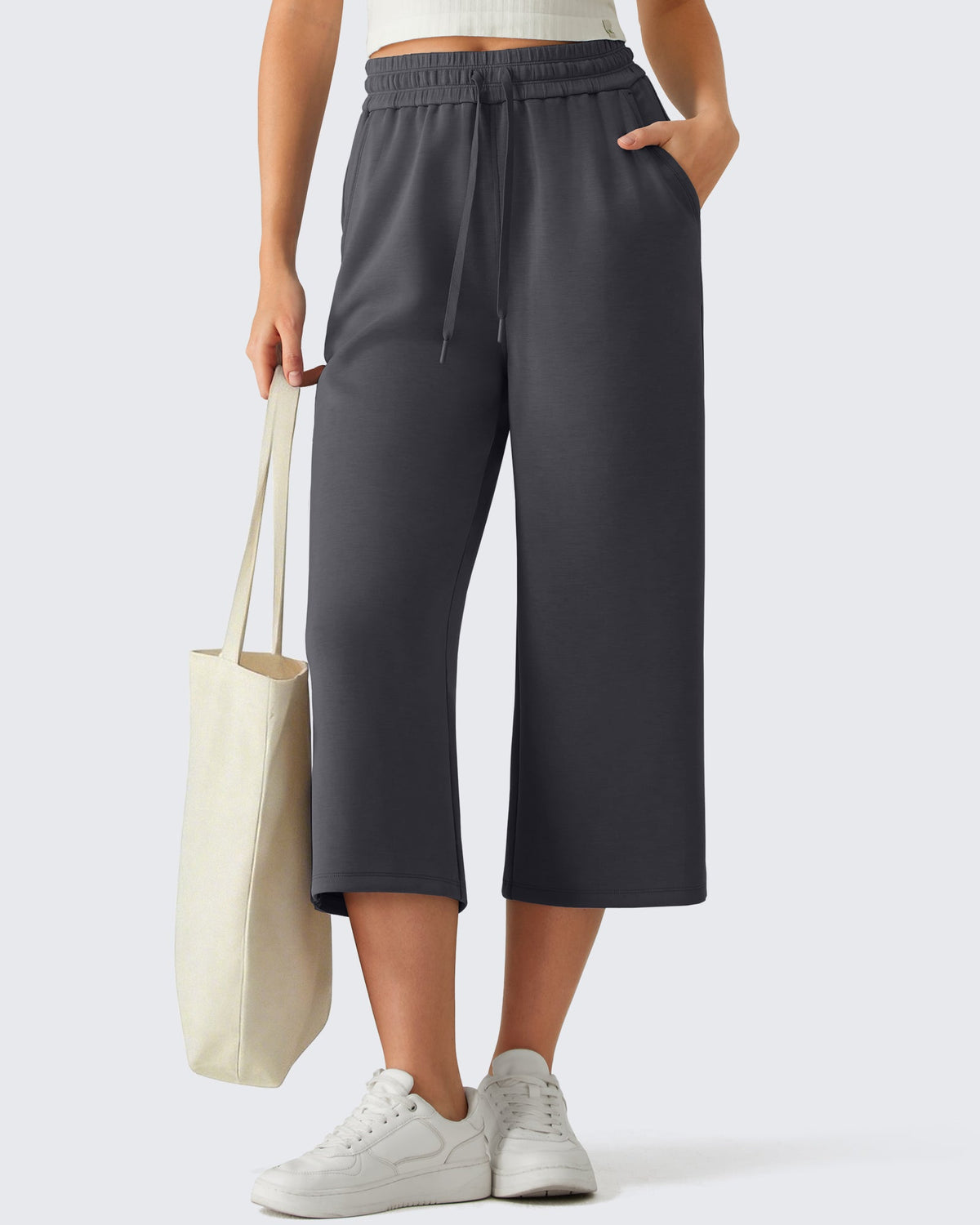 G4Free Smoofit Drawstring Wide Leg Capri Pants with Pockets
