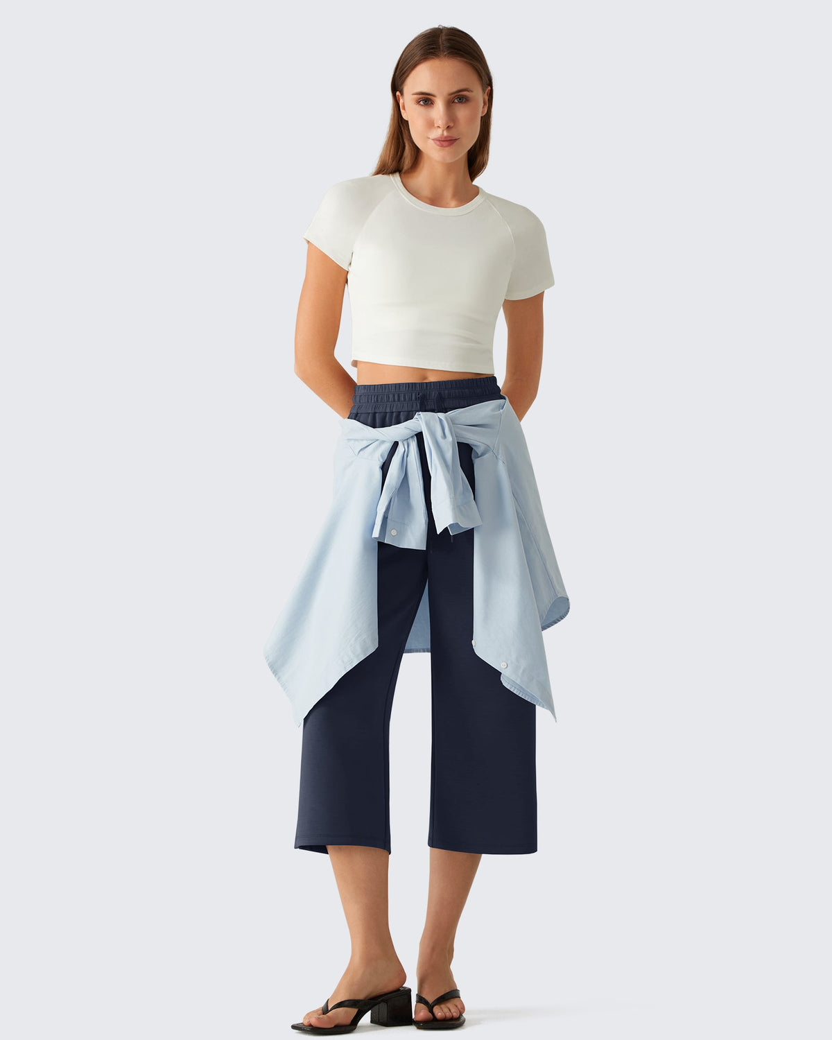 G4Free Smoofit Drawstring Wide Leg Capri Pants with Pockets