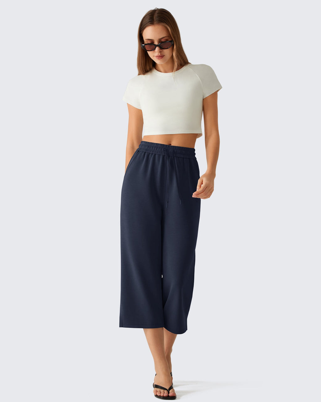 G4Free Smoofit Drawstring Wide Leg Capri Pants with Pockets