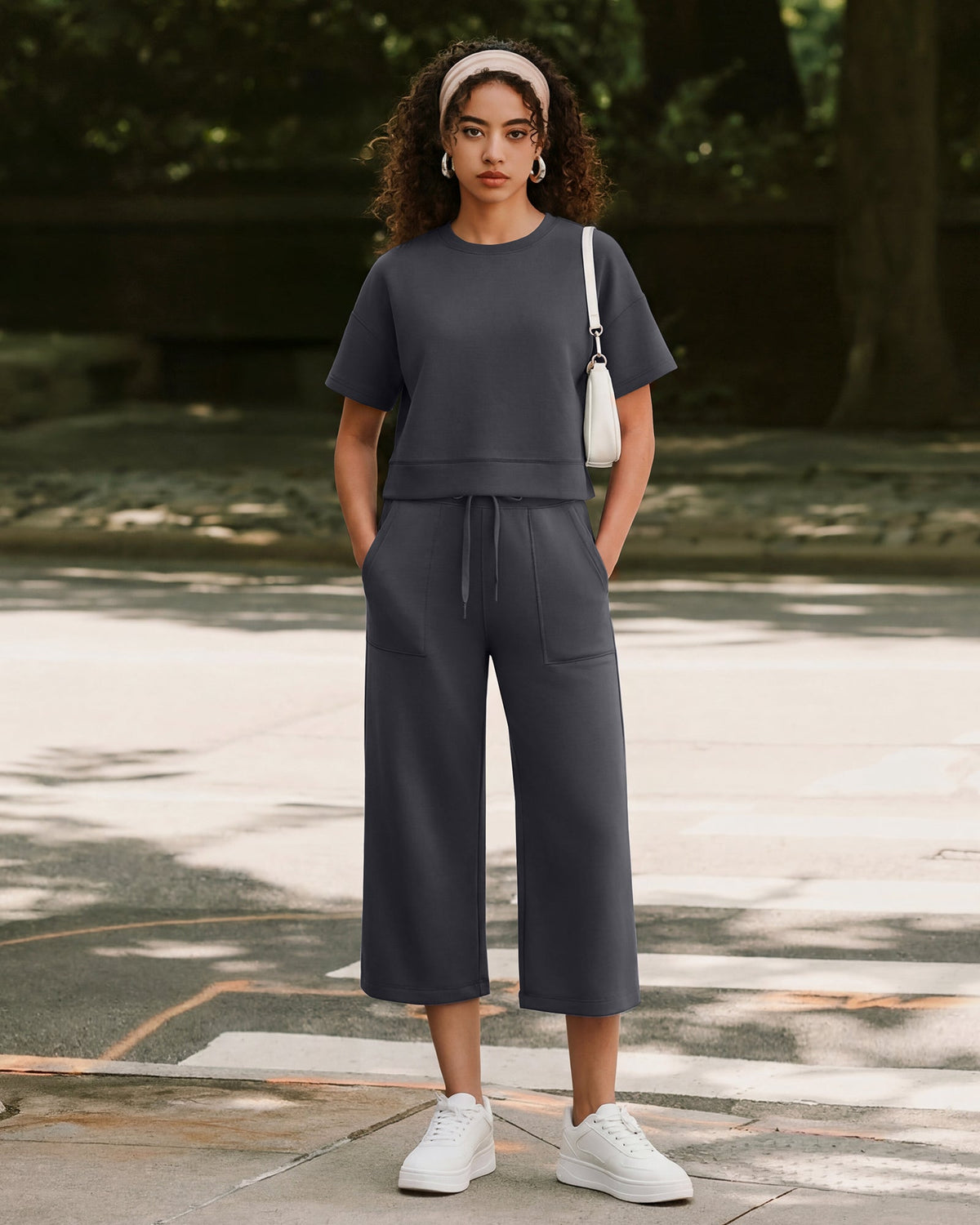 G4Free Smoofit High Waisted Drawstring Wide Leg Capris with Pockets