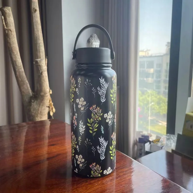 Floral Design Thermal Water Bottle with Handle