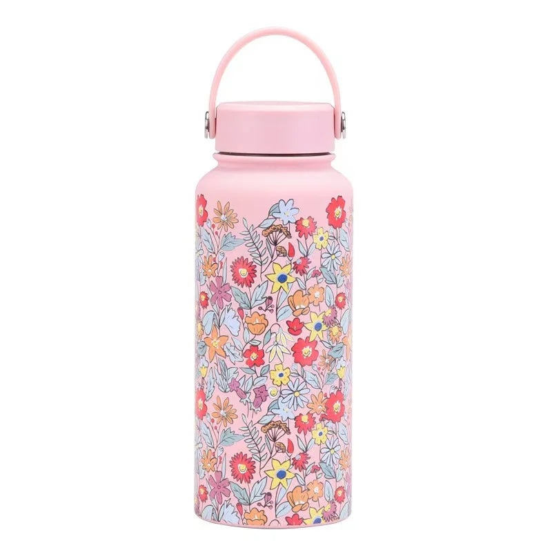 Floral Design Thermal Water Bottle with Handle