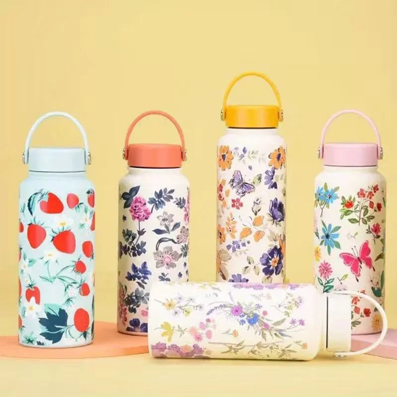 Floral Design Thermal Water Bottle with Handle