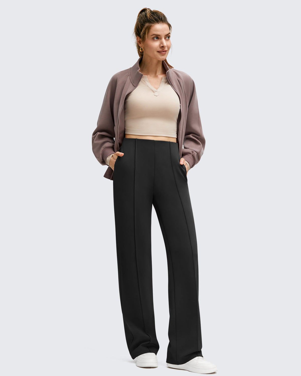 Business Front Pleats Wide Leg Fleece Lined Pants