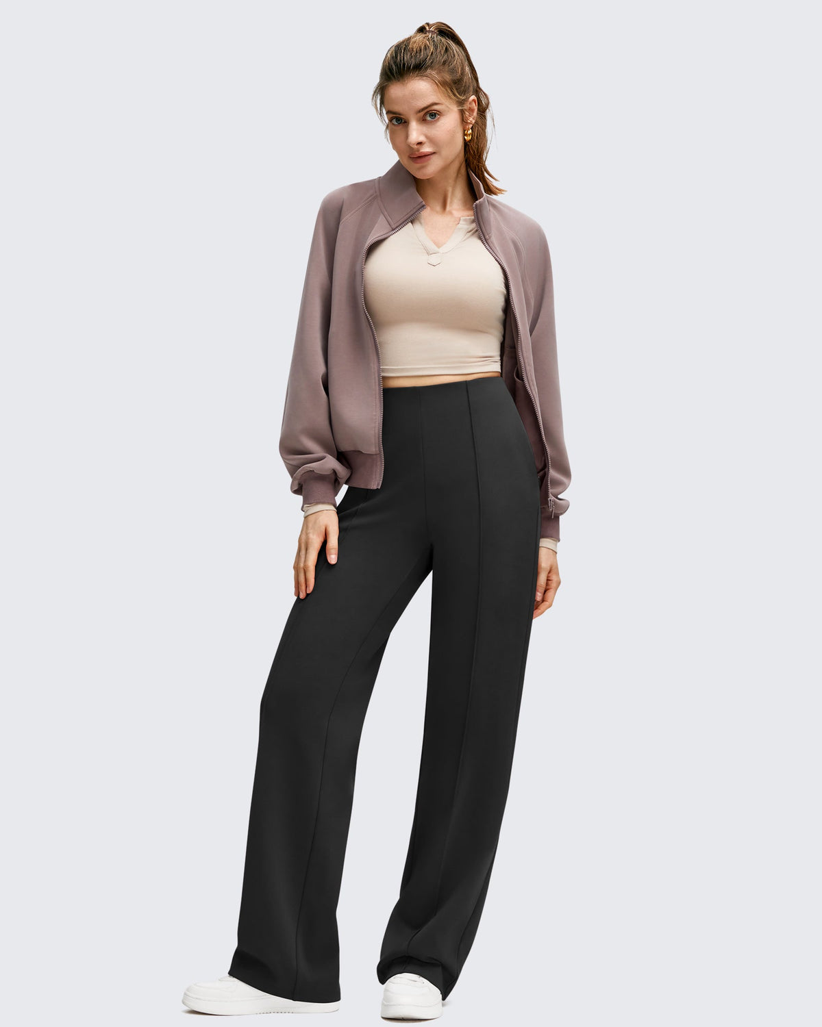 Business Front Pleats Wide Leg Fleece Lined Pants