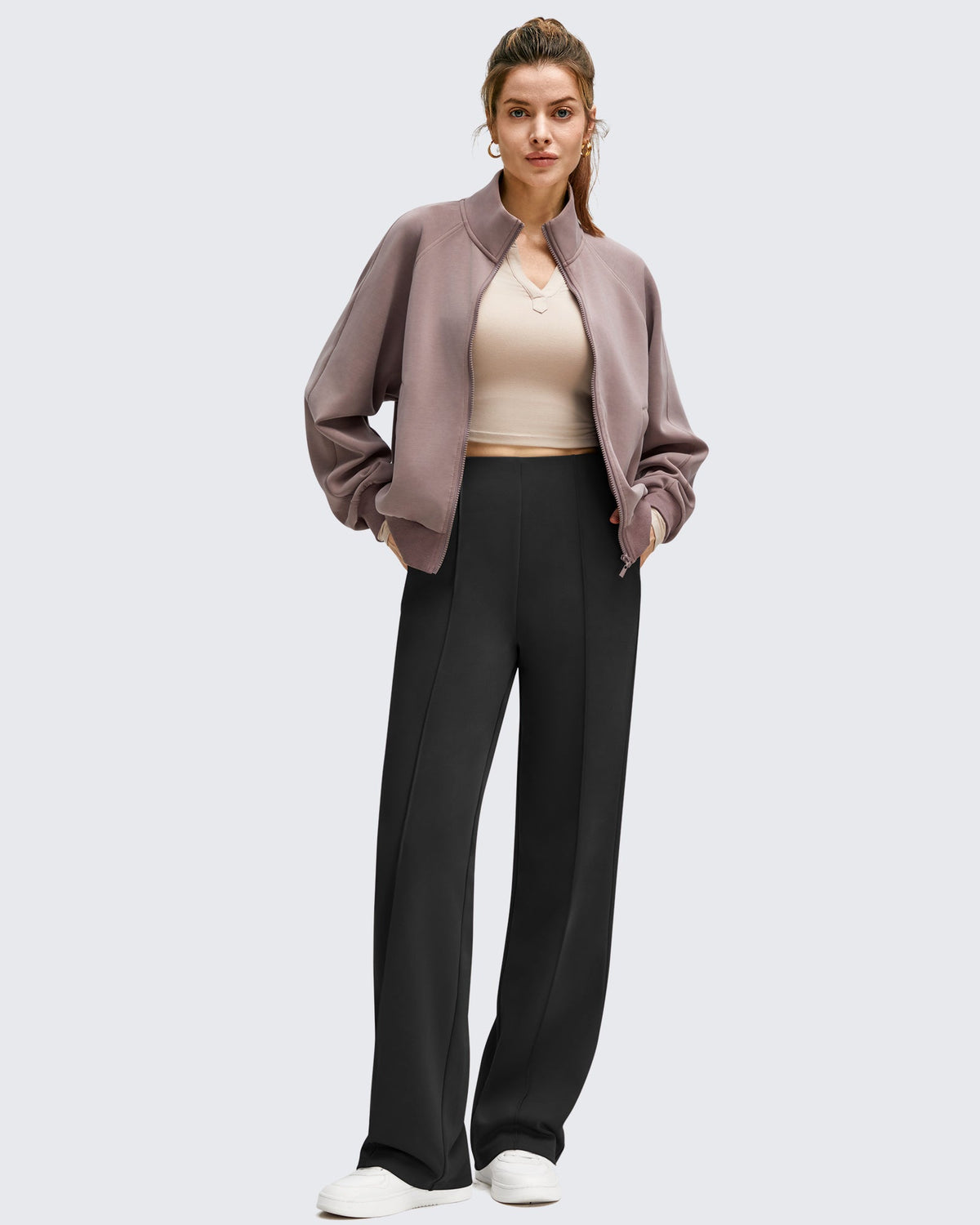 Business Front Pleats Wide Leg Fleece Lined Pants