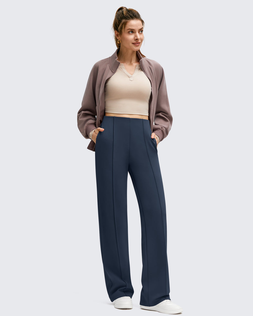 Business Front Pleats Wide Leg Fleece Lined Pants