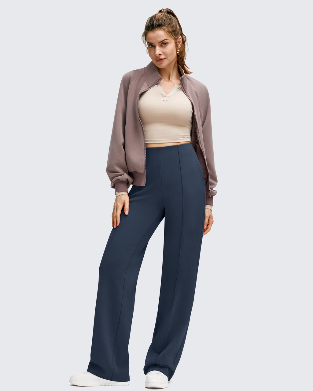 Business Front Pleats Wide Leg Fleece Lined Pants