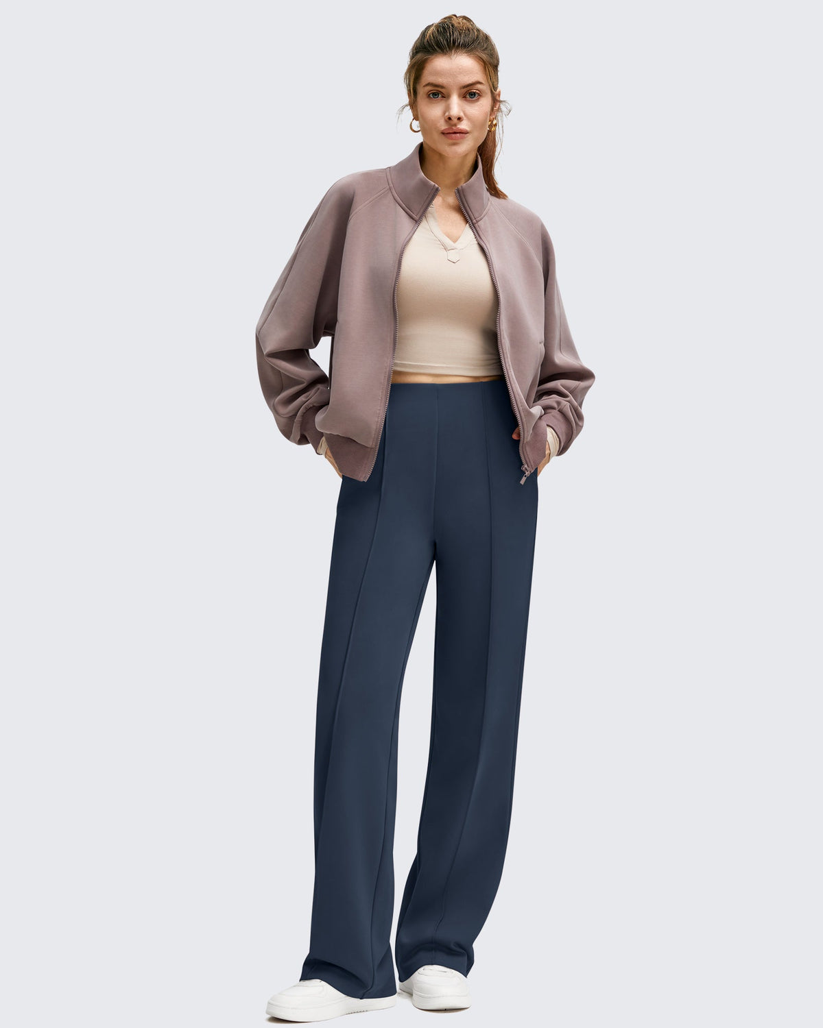 Business Front Pleats Wide Leg Fleece Lined Pants