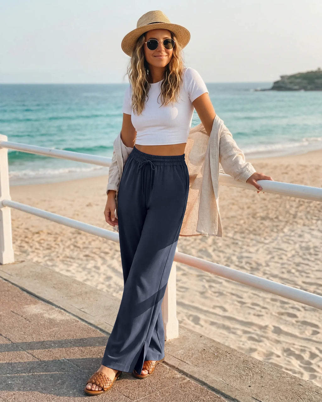 Chillwhisp Drawstring Side Slit Flowy Palazzo Wide Leg Pants