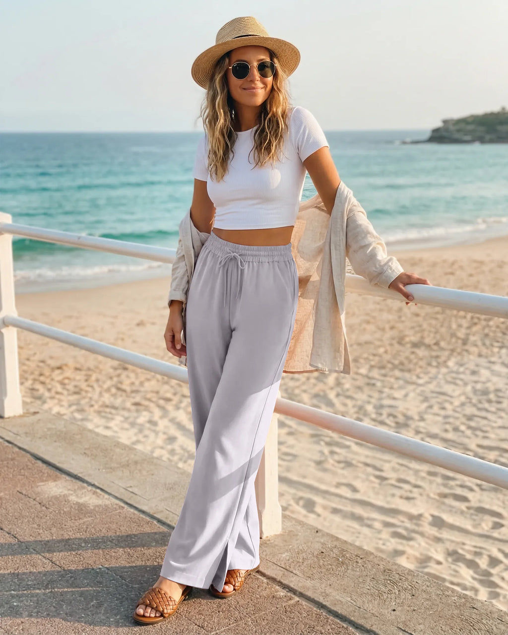 Chillwhisp Drawstring Side Slit Flowy Palazzo Wide Leg Pants