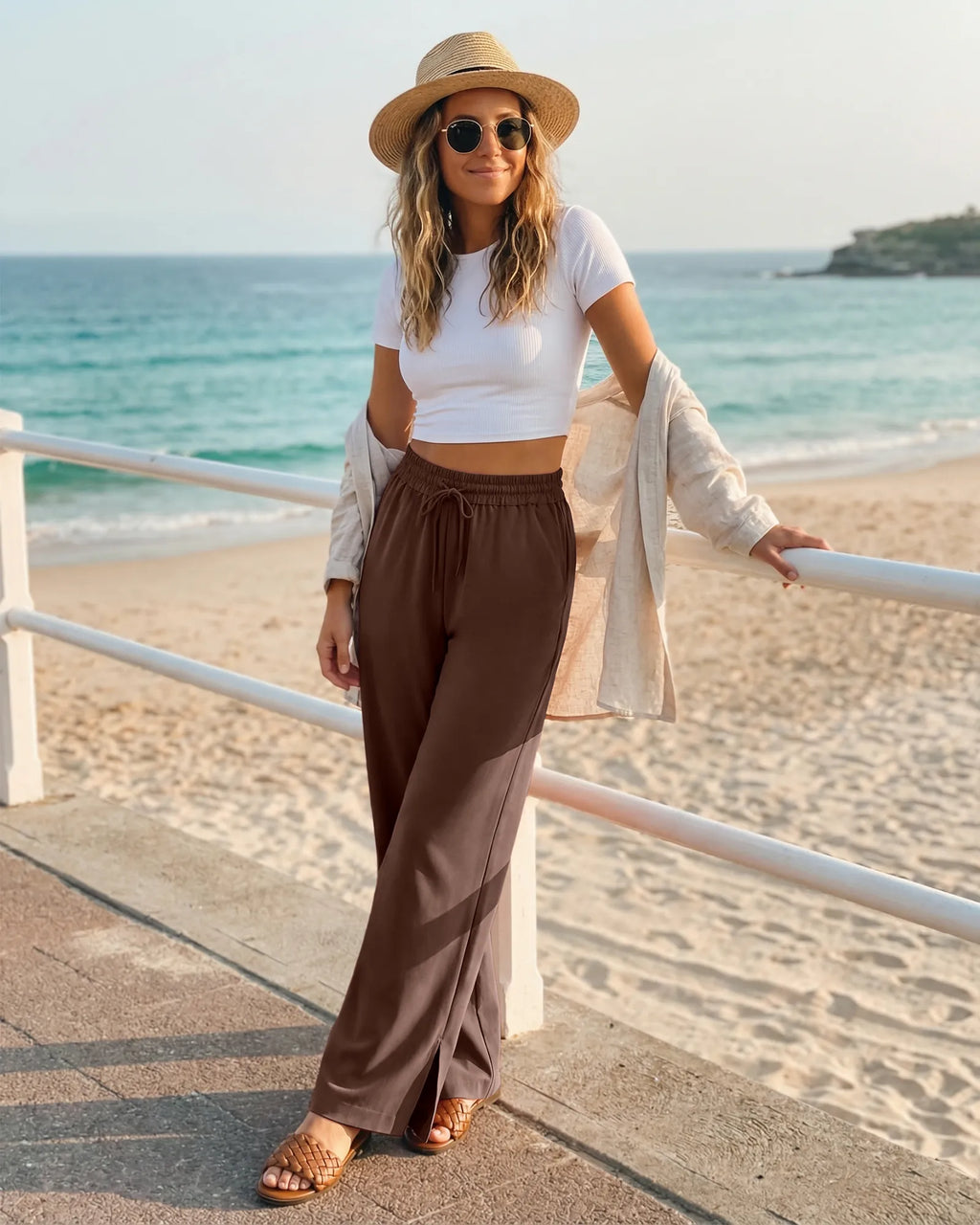 Chillwhisp Drawstring Side Slit Flowy Palazzo Wide Leg Pants