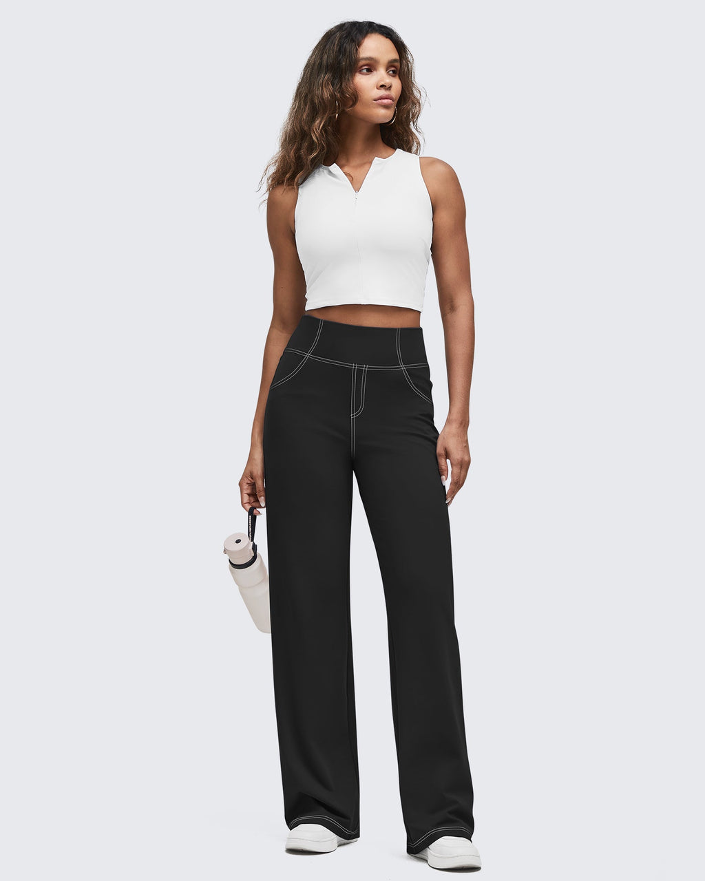 EverGoing Contrast Stitch High-Waist Wide Leg Pants