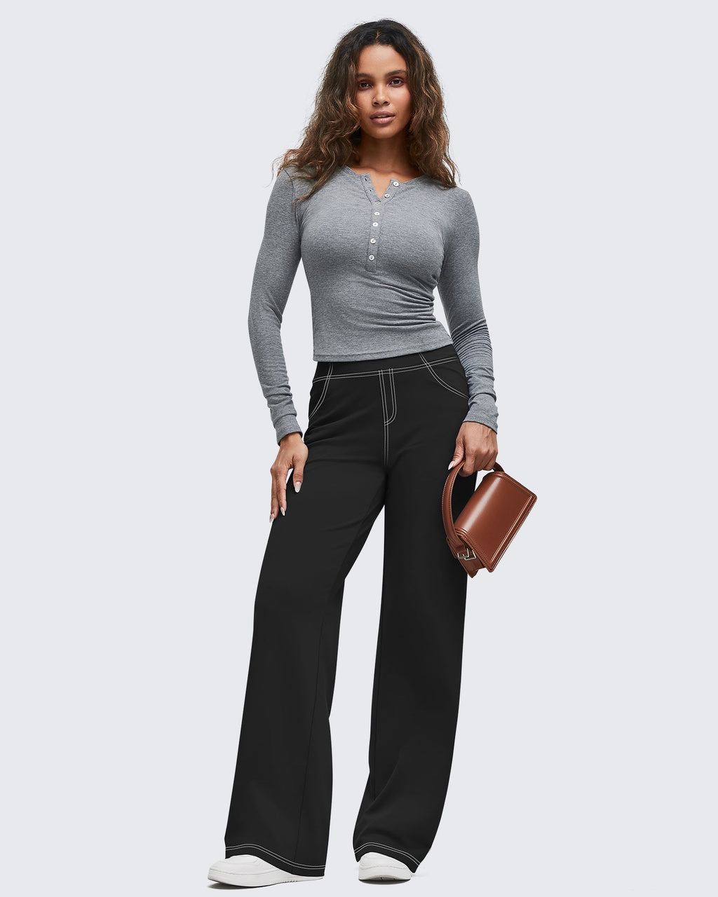EverGoing Contrast Stitch High-Waist Wide Leg Pants