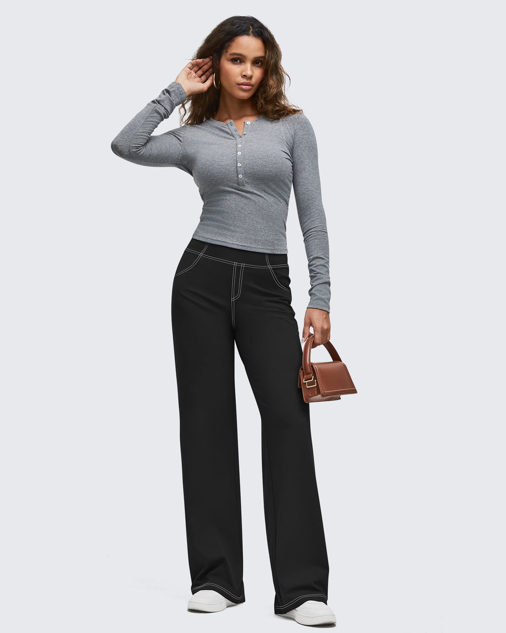 EverGoing Contrast Stitch High-Waist Wide Leg Pants