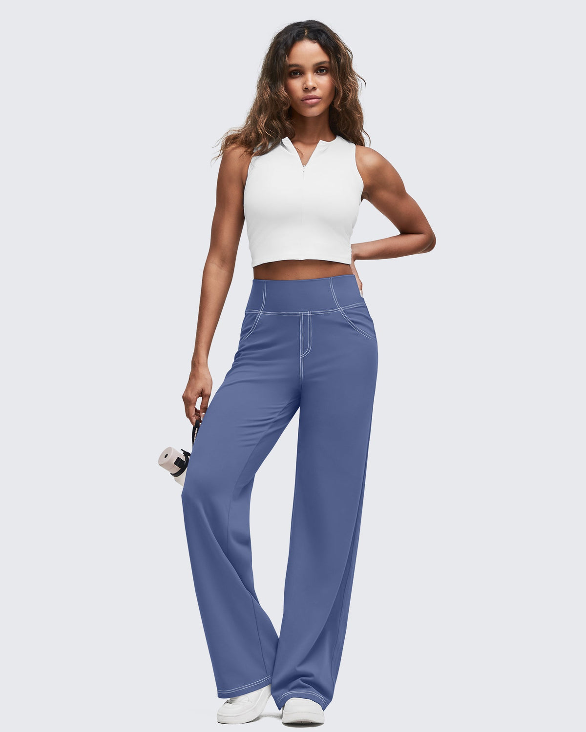 EverGoing Contrast Stitch High-Waist Wide Leg Pants