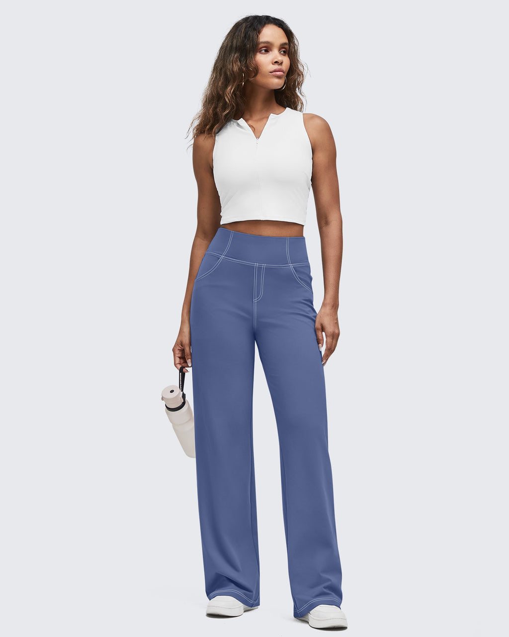 EverGoing Contrast Stitch High-Waist Wide Leg Pants
