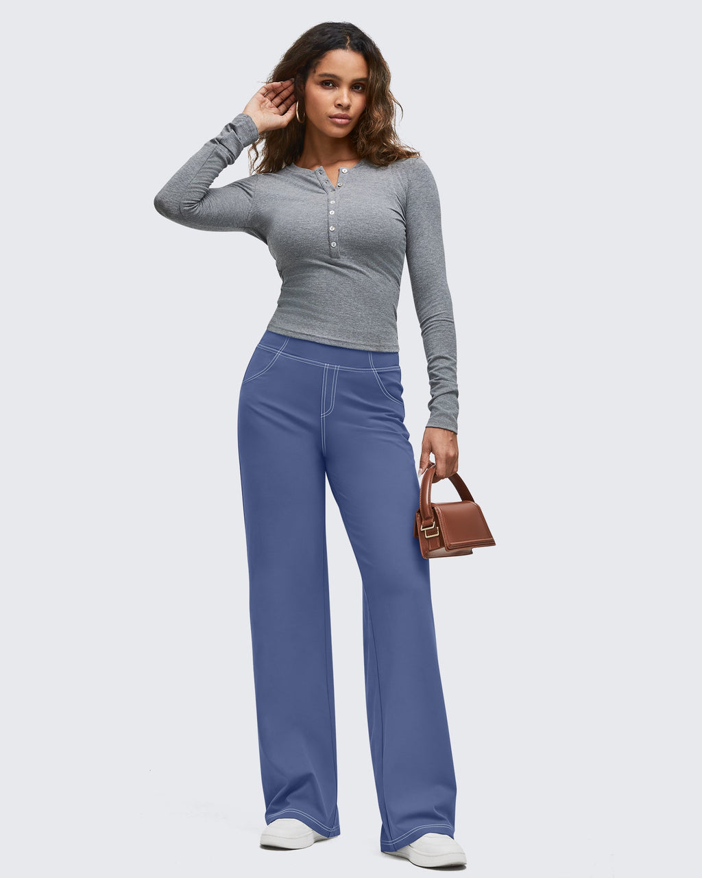 EverGoing Contrast Stitch High-Waist Wide Leg Pants