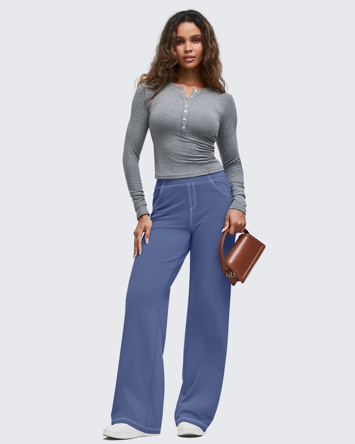 EverGoing Contrast Stitch High-Waist Wide Leg Pants