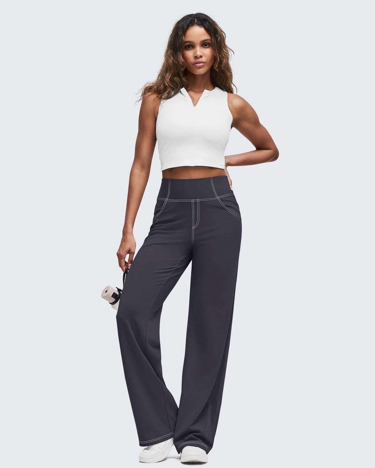EverGoing Contrast Stitch High-Waist Wide Leg Pants