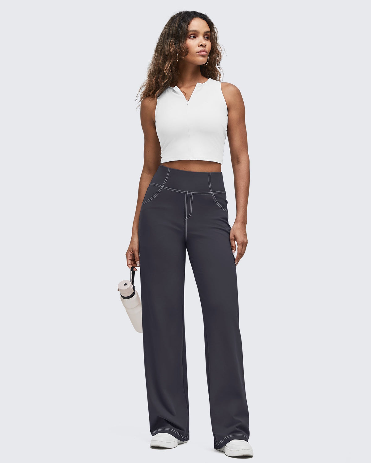 EverGoing Contrast Stitch High-Waist Wide Leg Pants