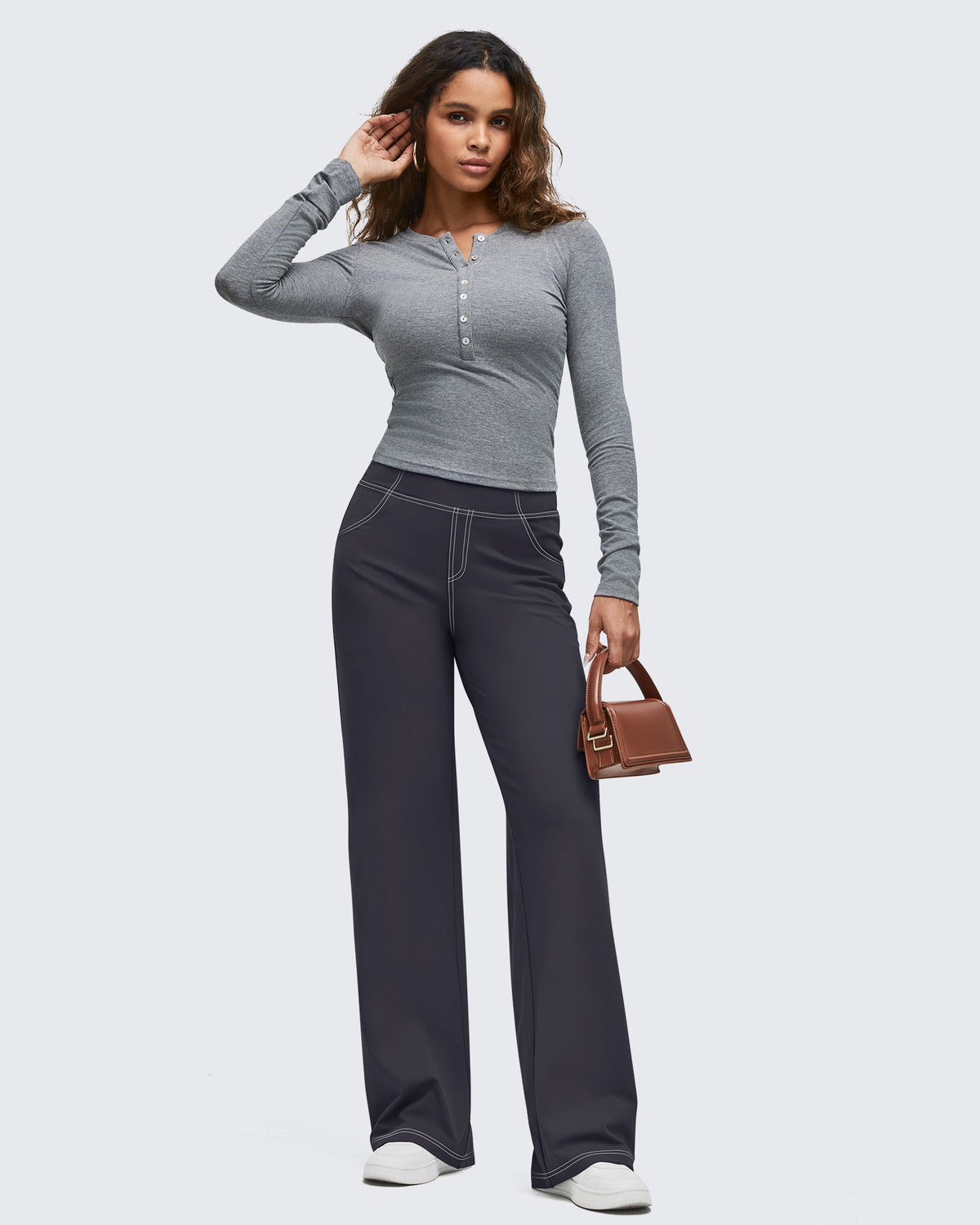 EverGoing Contrast Stitch High-Waist Wide Leg Pants