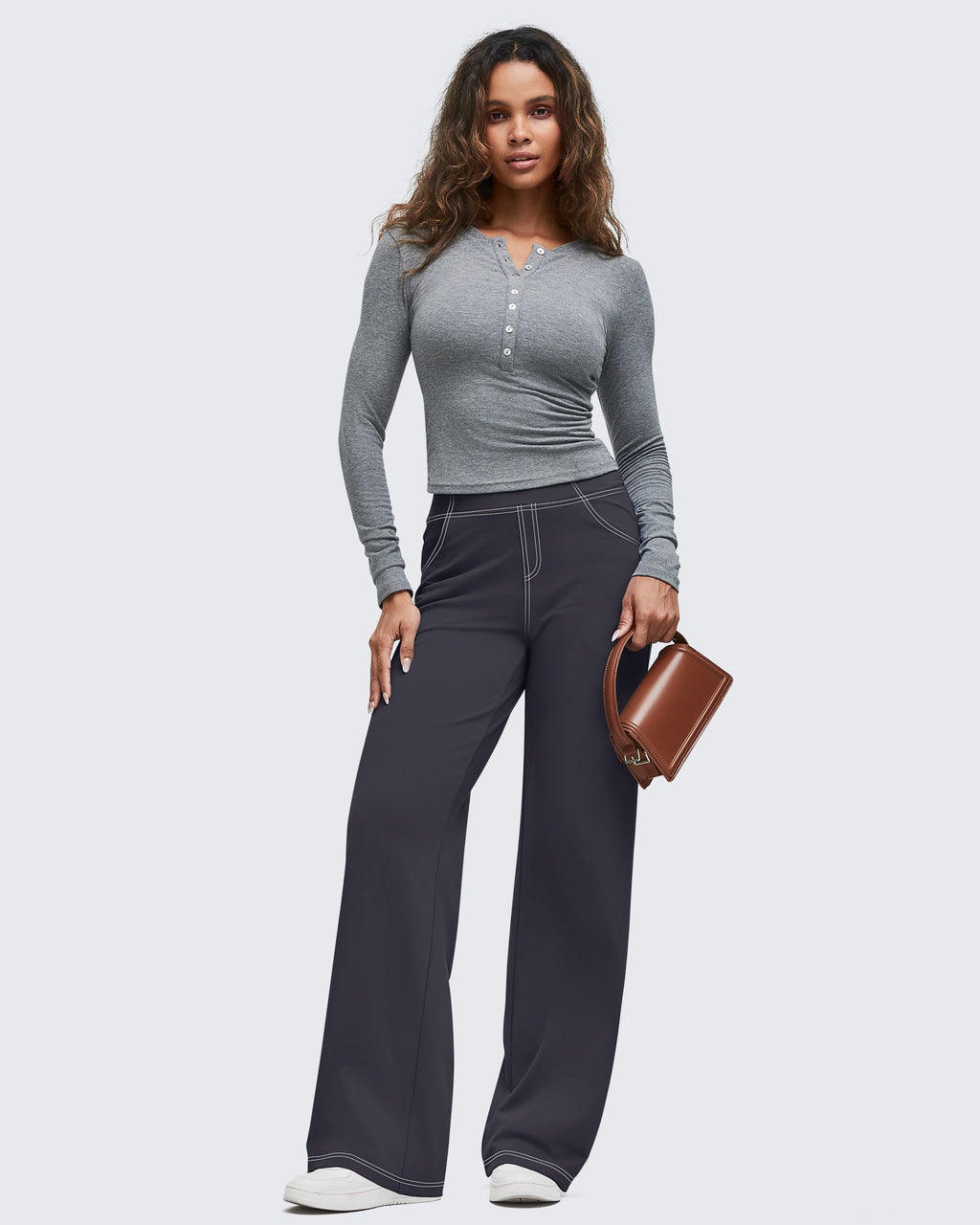 EverGoing Contrast Stitch High-Waist Wide Leg Pants