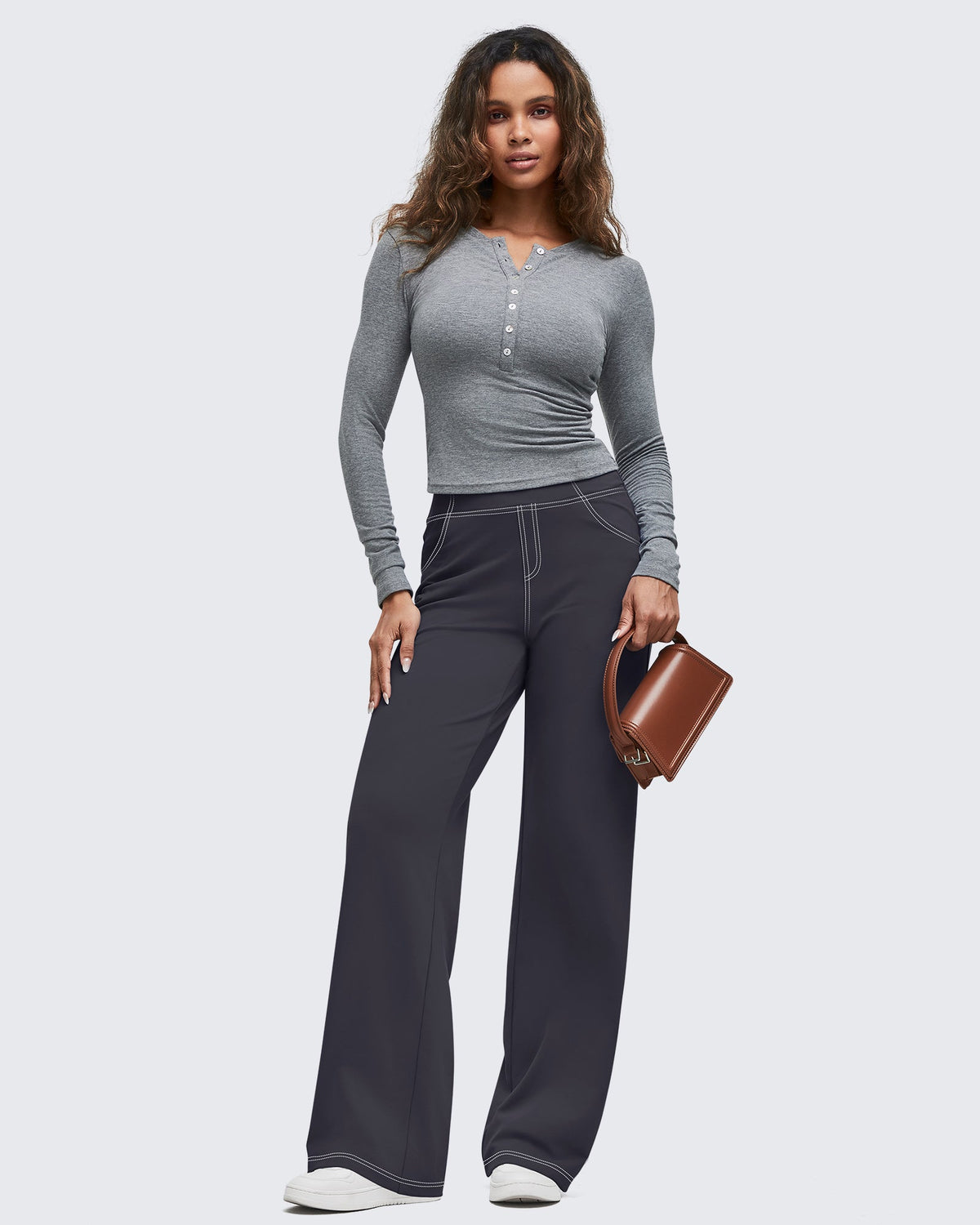 EverGoing Contrast Stitch High-Waist Wide Leg Pants
