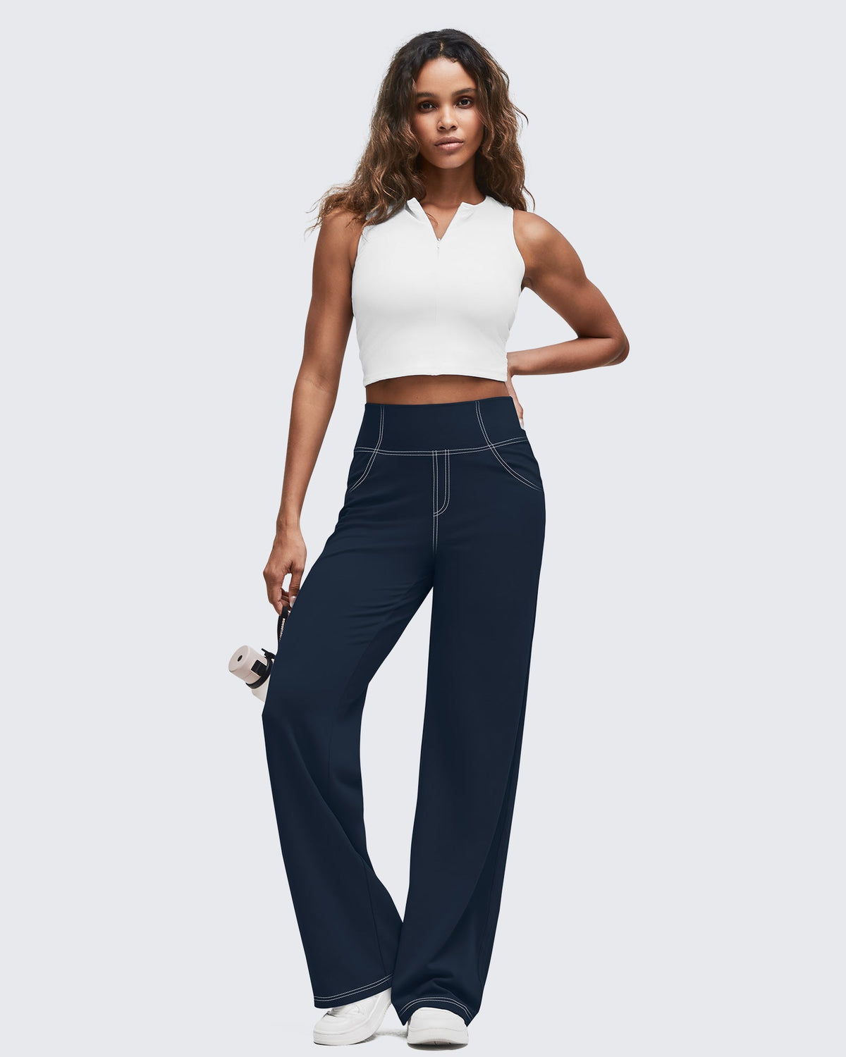 EverGoing Contrast Stitch High-Waist Wide Leg Pants
