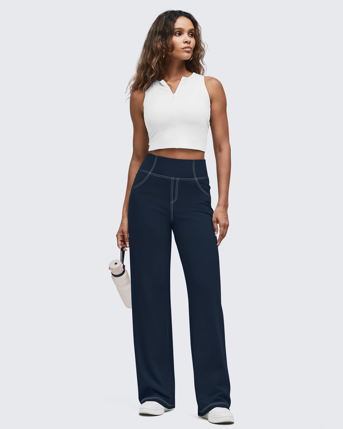EverGoing Contrast Stitch High-Waist Wide Leg Pants