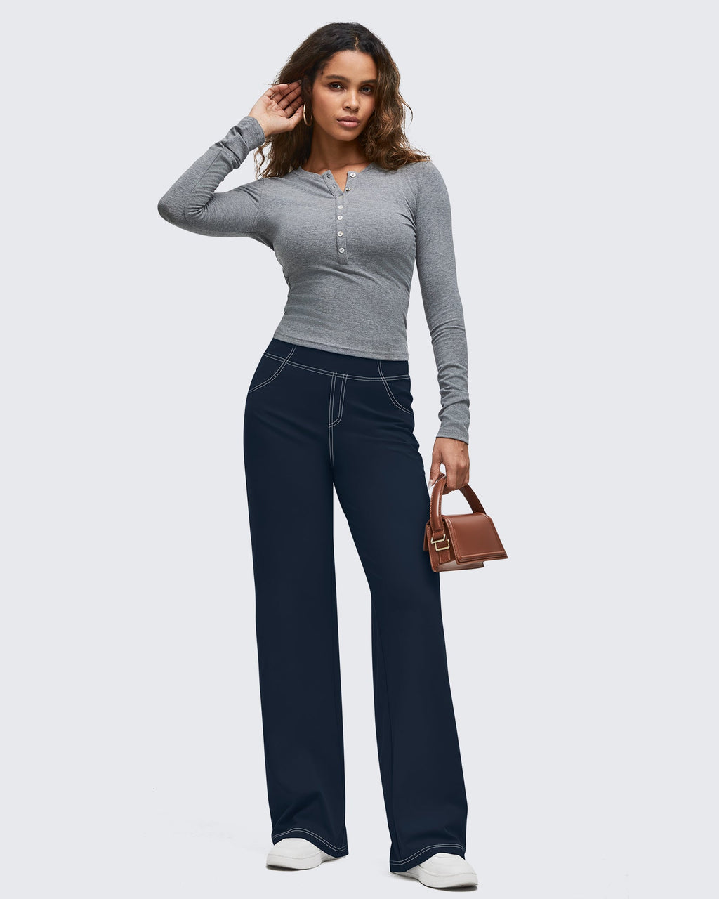 EverGoing Contrast Stitch High-Waist Wide Leg Pants