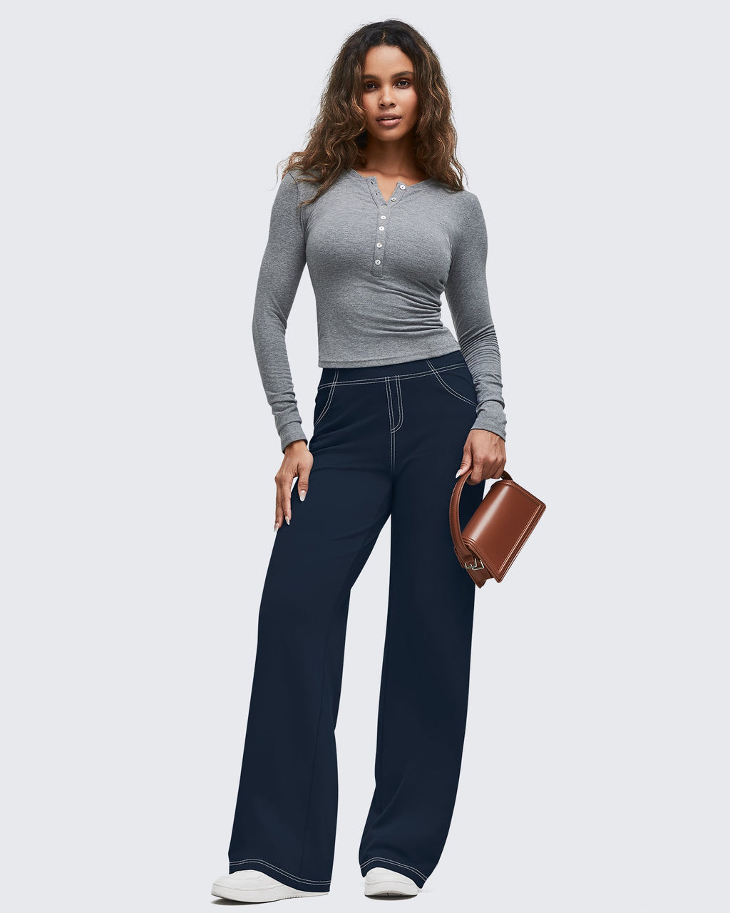EverGoing Contrast Stitch High-Waist Wide Leg Pants