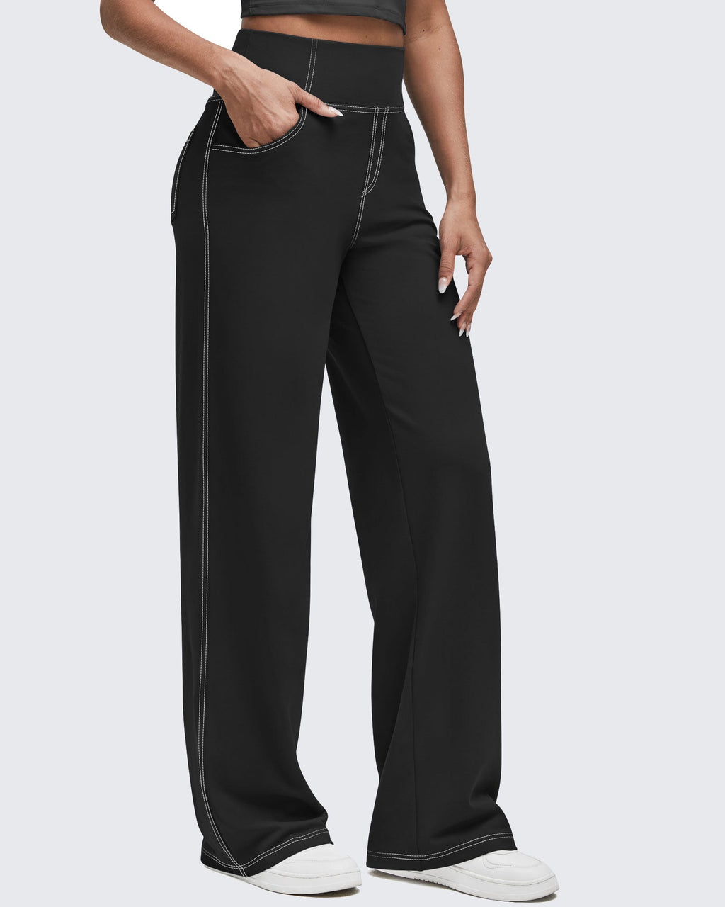EverGoing Contrast Stitch High-Waist Wide Leg Pants