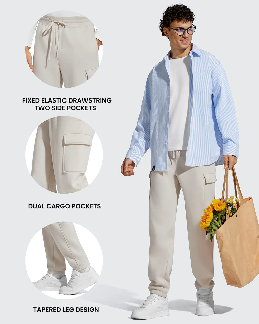 Flurrylux Men's Cotton Fleece-Lined  Drawstring Cargo Pants