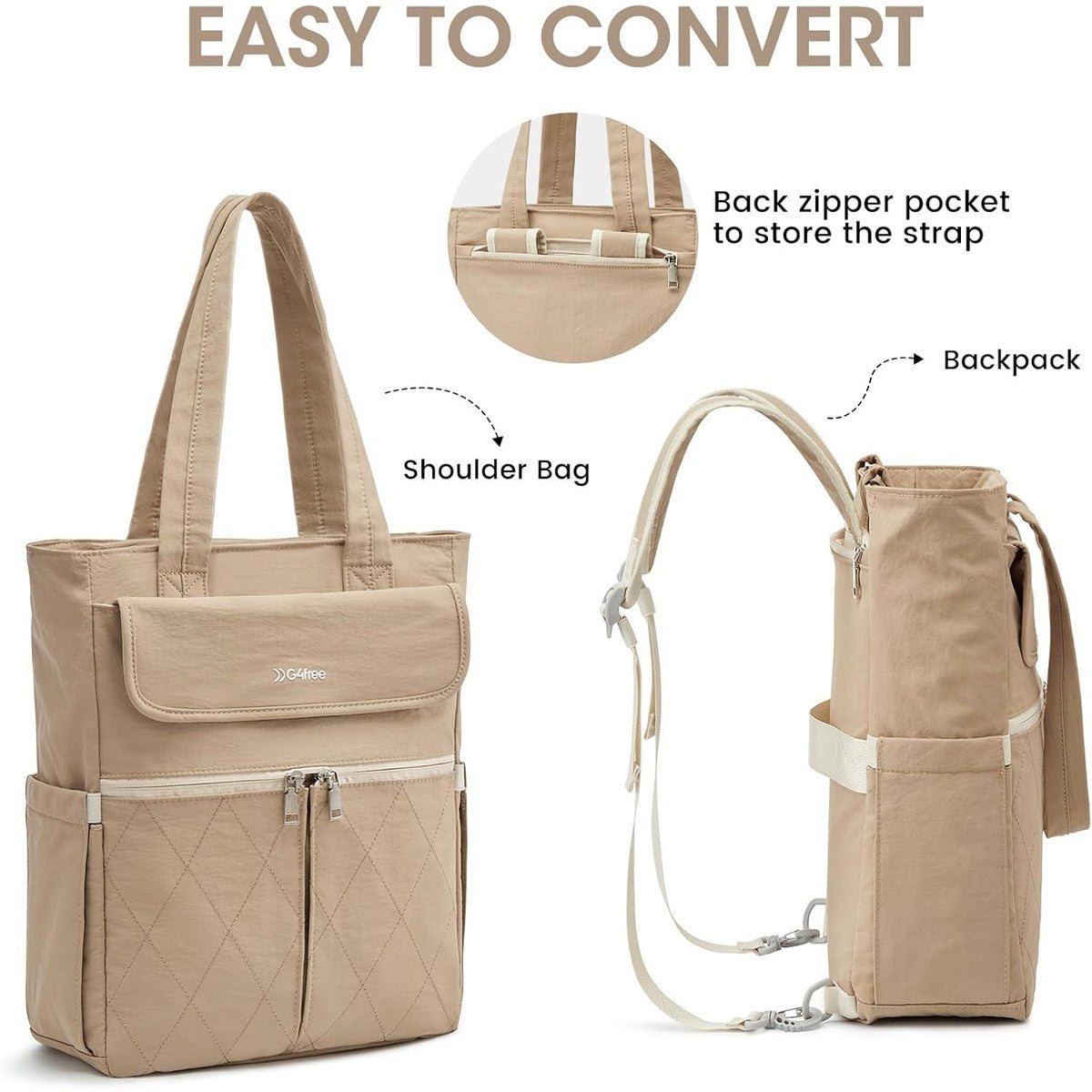 G4Free 2 in 1 Tote Backpack Fits 15" Laptop, Women Bag Daypack