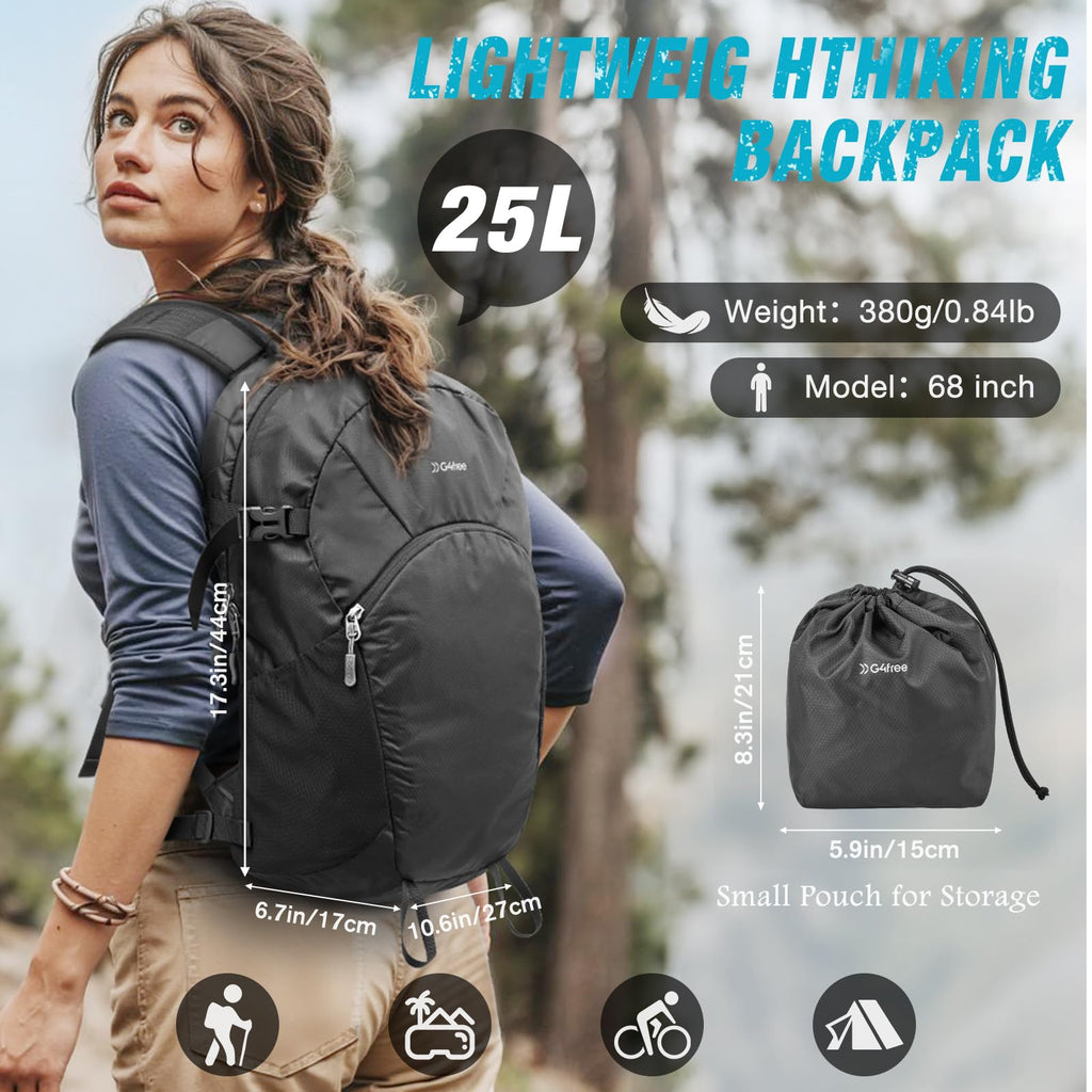 G4Free 25L Packable Hiking Backpack with Thickened Back Panel