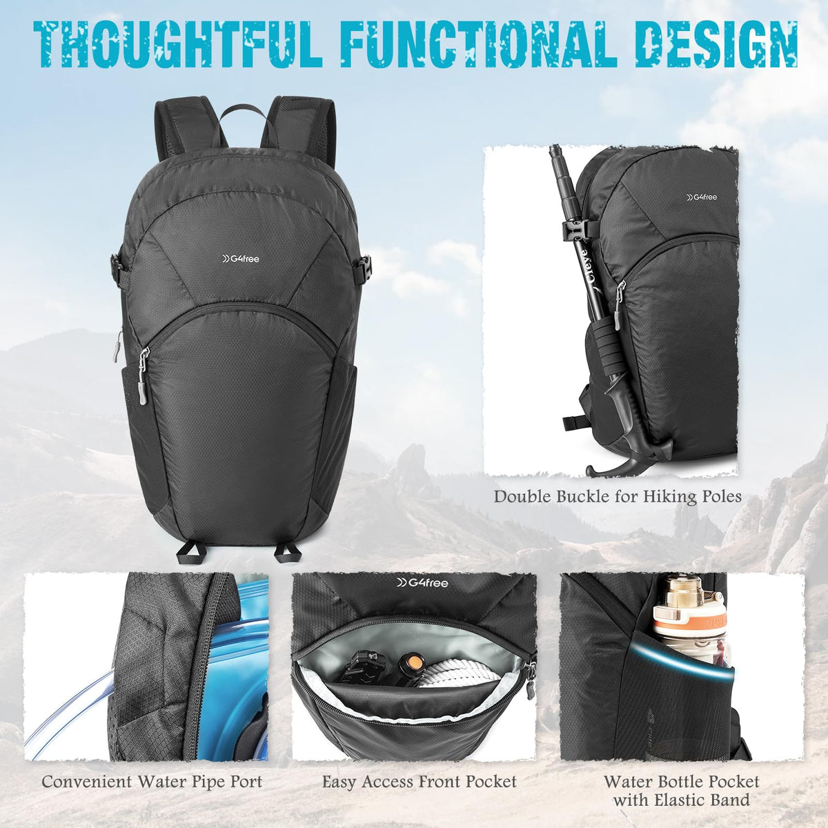 G4Free 25L Packable Hiking Backpack with Thickened Back Panel