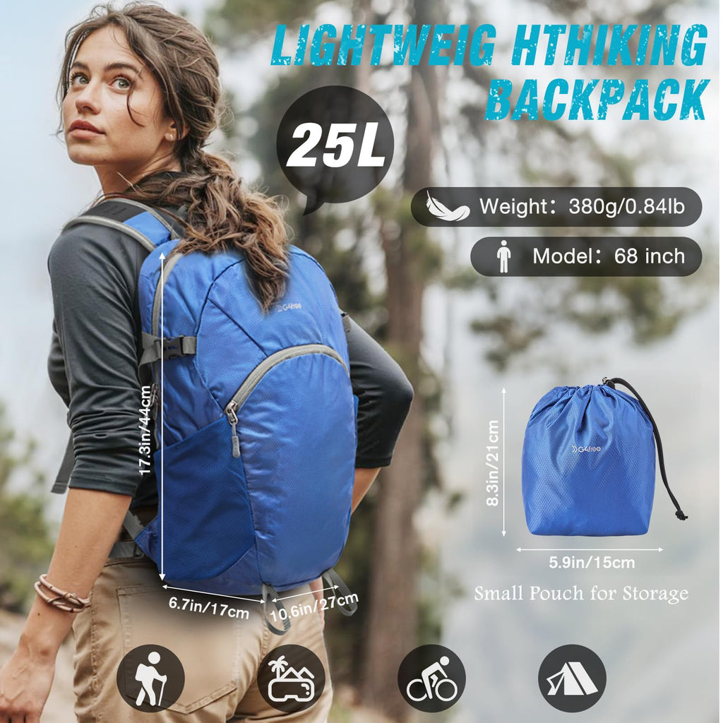 G4Free 25L Packable Hiking Backpack with Thickened Back Panel