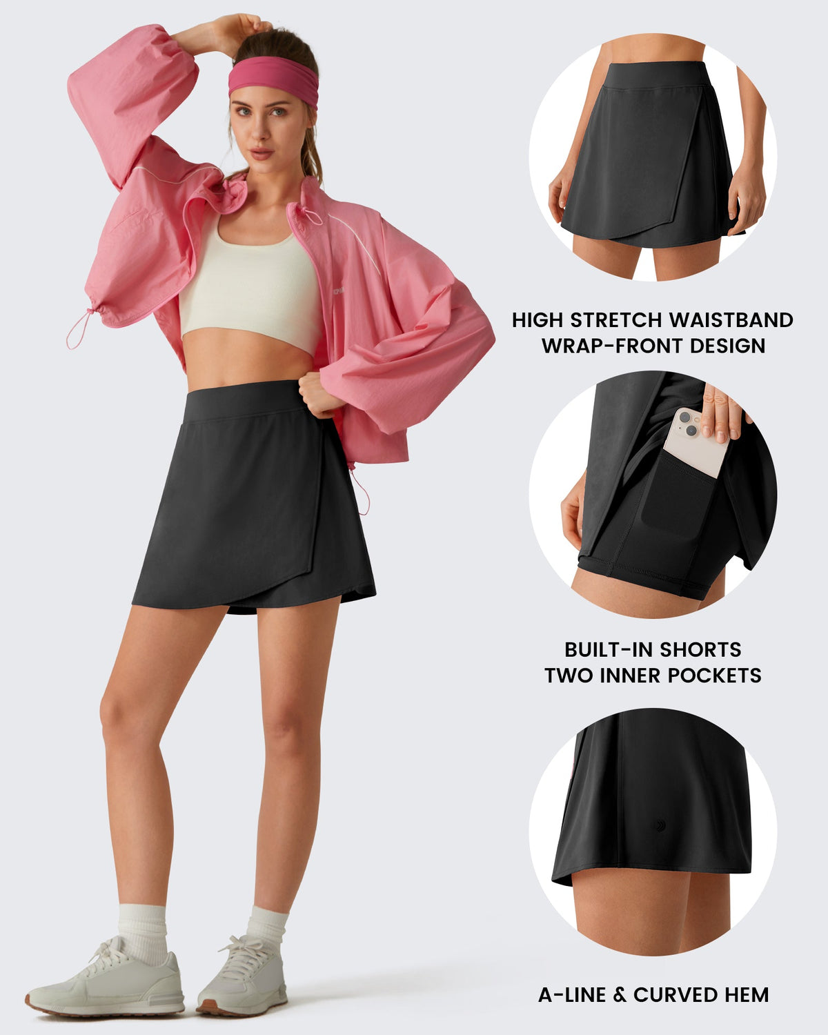 G4Free BareFeel Wrap A-Line Tennis Skirt with Built-in Shorts & Pockets