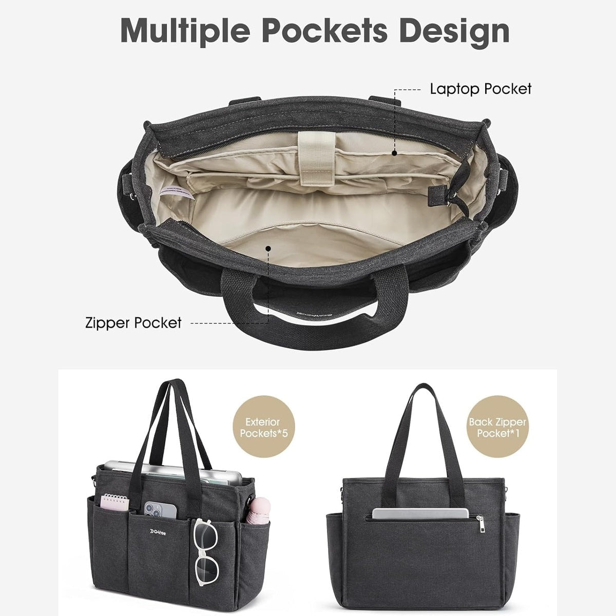 G4Free Canvas with Pockets, Medium Size Crossbody Work Tote Bag