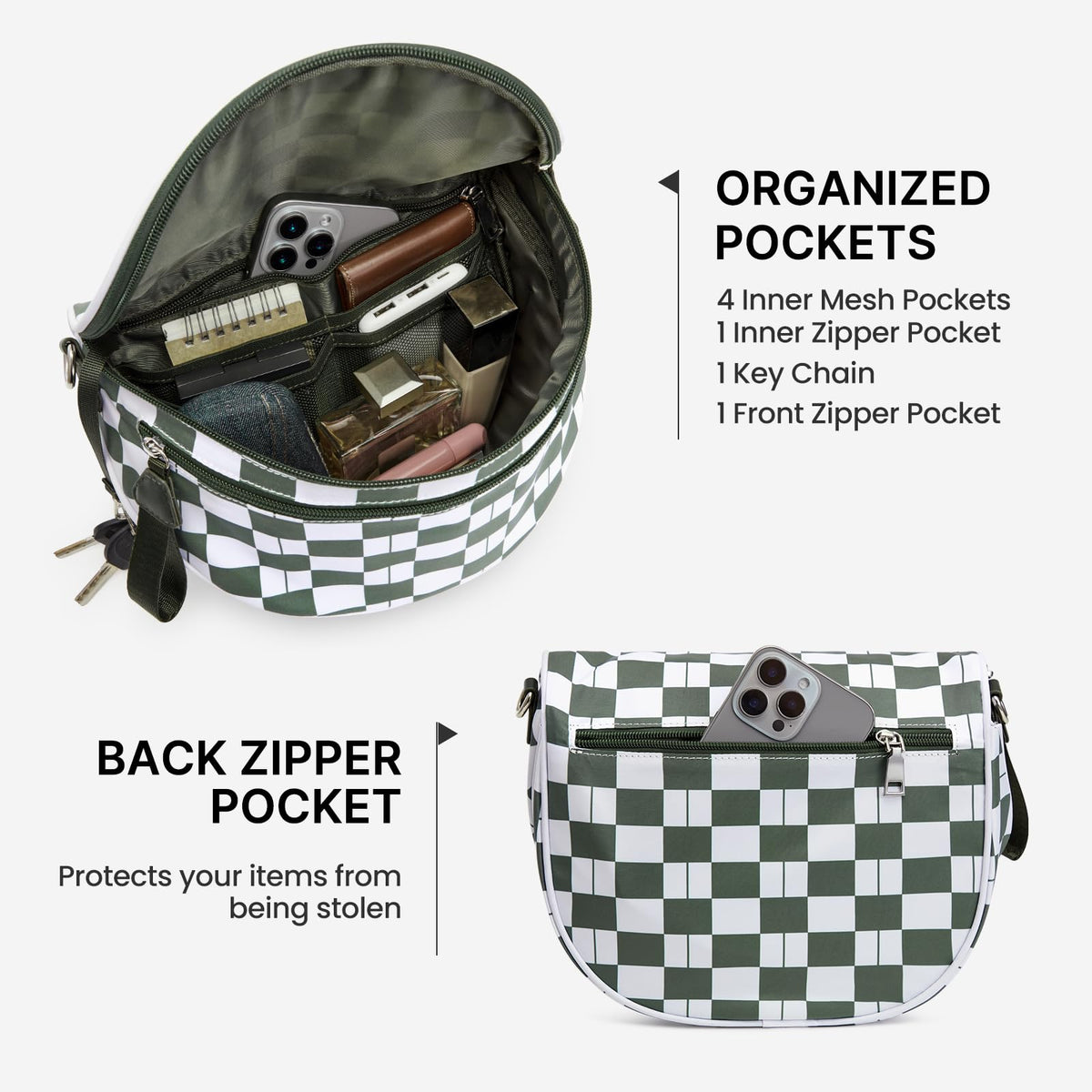 G4Free Checkered Crossbody Bum Bag with Removable Pouch Lightweight
