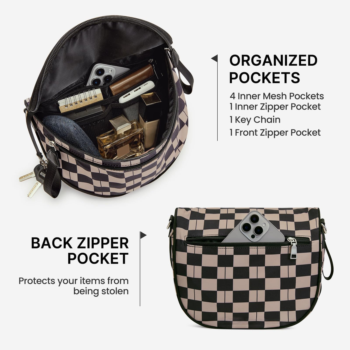 G4Free Checkered Crossbody Bum Bag with Removable Pouch Lightweight