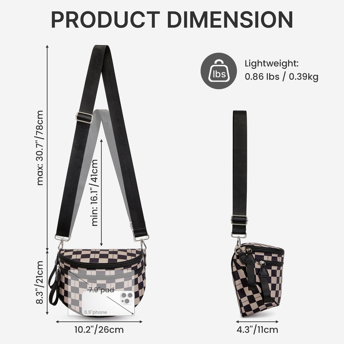 G4Free Checkered Crossbody Bum Bag with Removable Pouch Lightweight