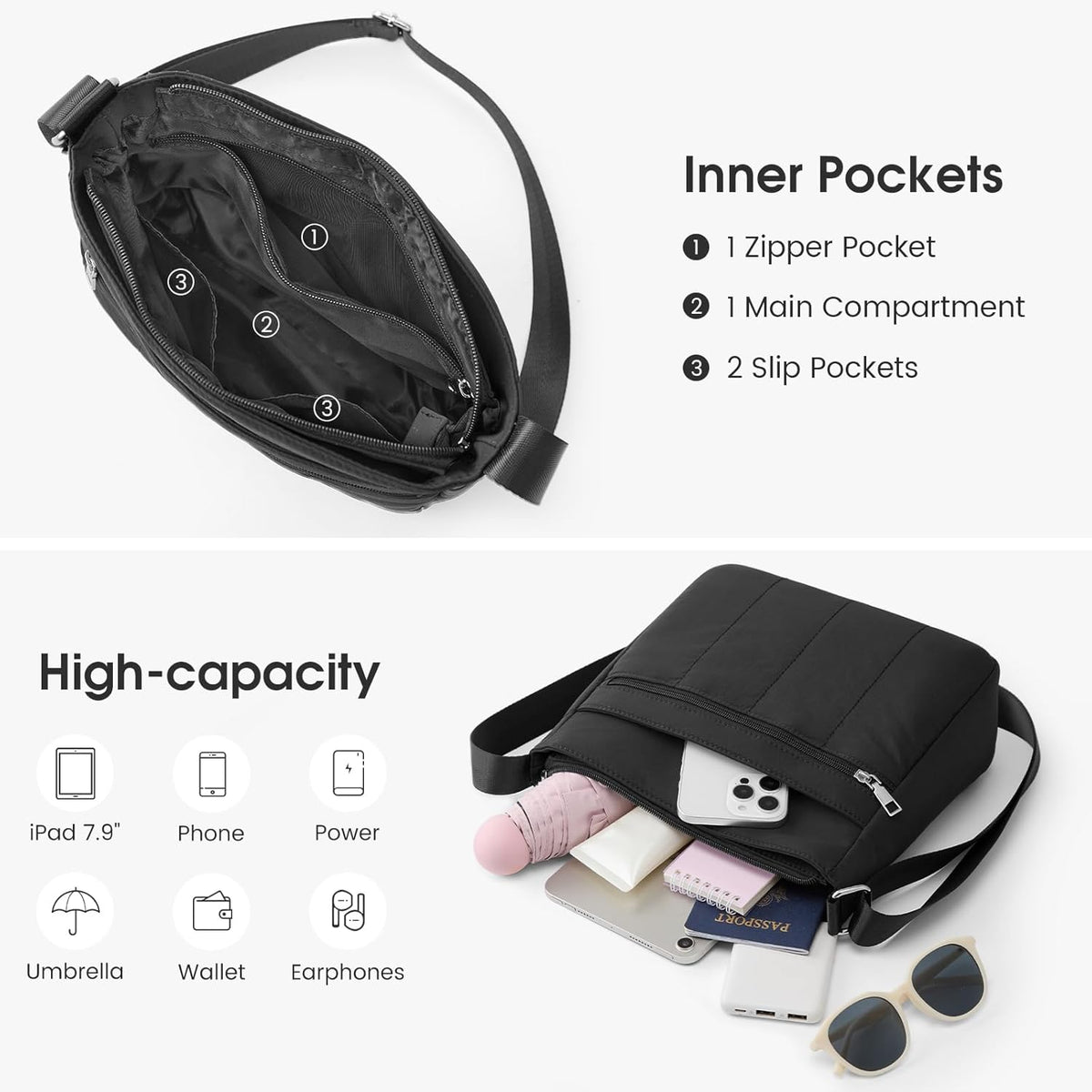 G4Free Nylon Crossbody Bags, Lightweight Quilted Shoulder Handbags