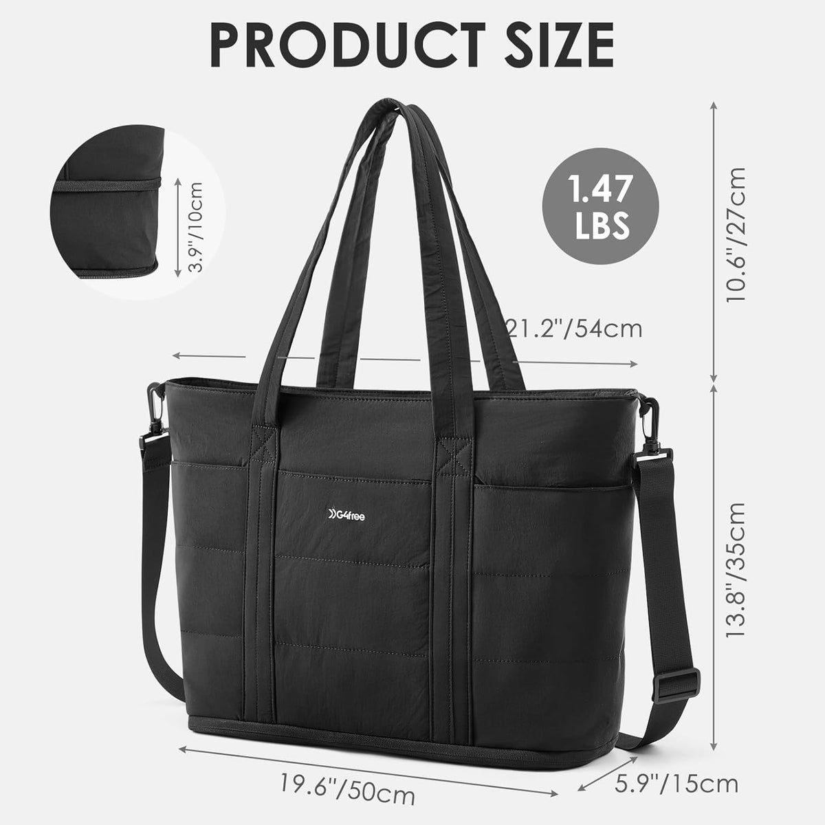 G4Free Puffer  Tote Bag with Zipper Compartments, Expandable Handbag