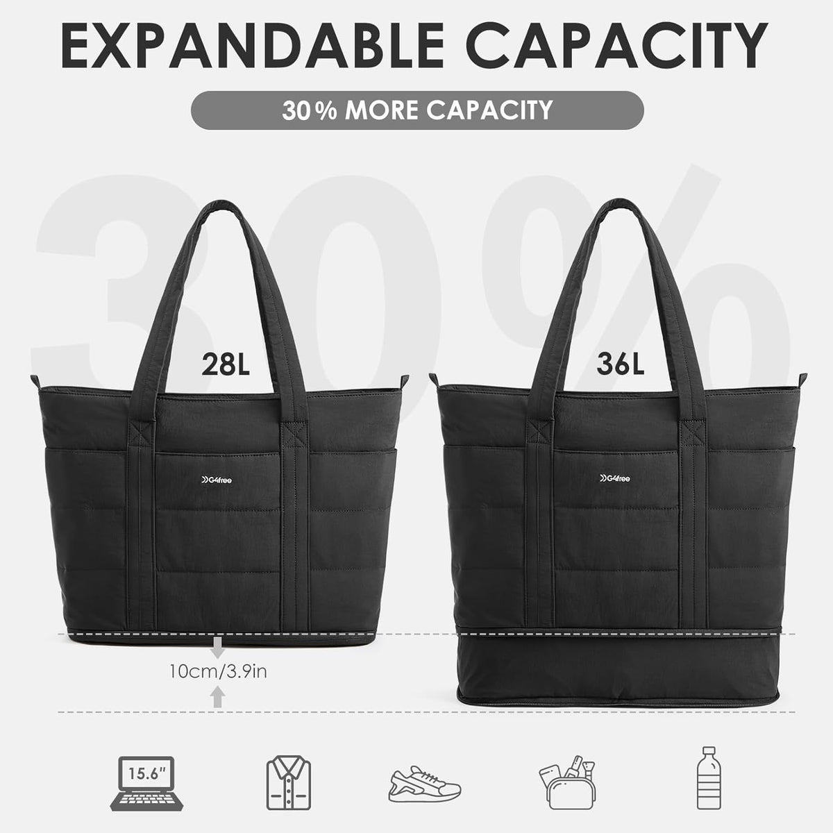 G4Free Puffer  Tote Bag with Zipper Compartments, Expandable Handbag